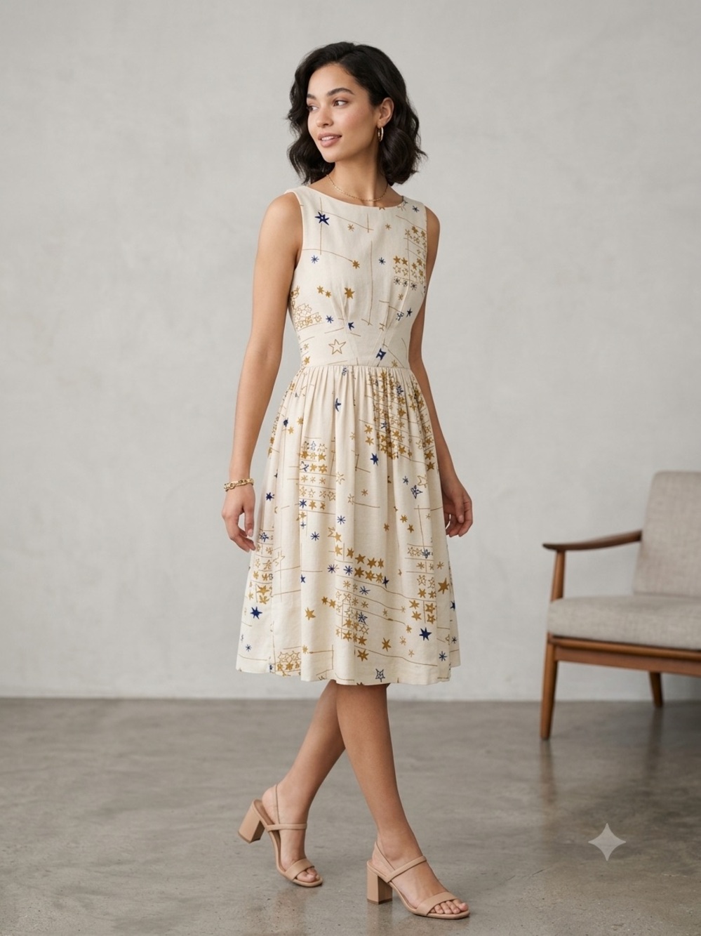 Cream Star Print Dress with Gold & Navy Accents
